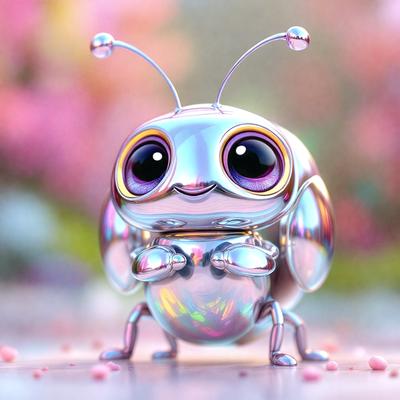 The primary subject of the image is a small, shiny, metallic robot with a cute face. It is standing on a pink surface, which adds a touch of color to the scene. The visual style of the image is digital art, as it appears to be a computer-generated or digitally rendered creation. The colors and mood of the image are predominantly pink, giving it a warm and friendly atmosphere.